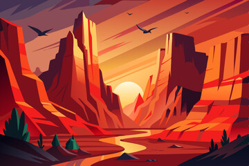 Nature landscape illustration of a vibrant orange sunset over the city mountains with silhouetted trees and sky