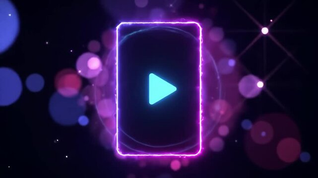 Futuristic Neon Tablet with Pulsing Play Button and Vibrant Bokeh