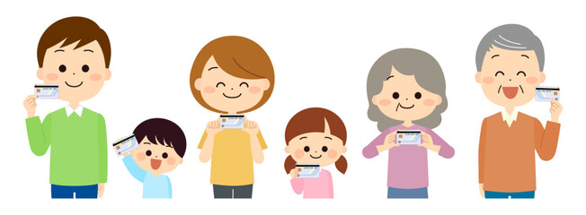 マイナンバーカードを手に持つ人々