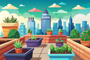 Urban gardens with vibrant flowers and green plants in pots on city patios, windows, and indoor spaces