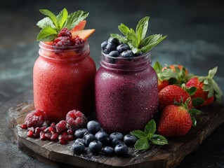 Two delicious berry smoothies in mason jars, garnished with fresh mint.  Perfect for healthy food blogs, websites, and restaurant menus. Ideal for advertising and commercial use.