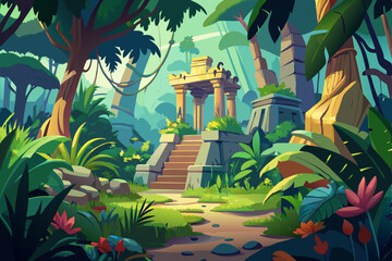 Vector cartoon illustration of a tropical island landscape with palm trees, green nature, and clear sky, perfect for summer designs