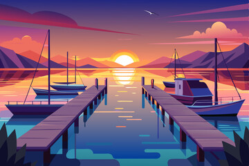 Sunset pier landscape over water with boats and evening sky