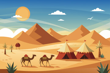 Desert travel landscape with camels and pyramids at sunset