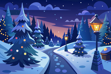 Christmas winter night landscape with a festive tree, snowy forest, and star-filled sky illustration