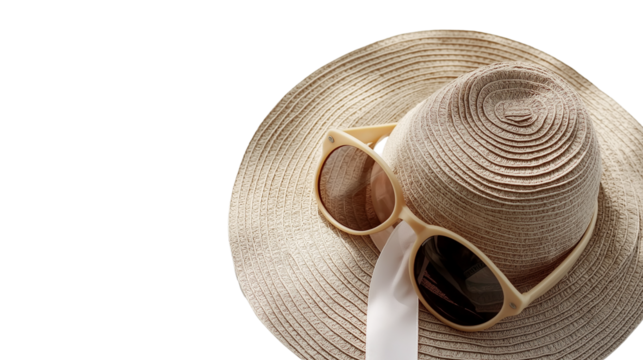 Summer hat with ribbon and retro sunglasses, minimal flat lay on white, cinematic lighting, PNG
