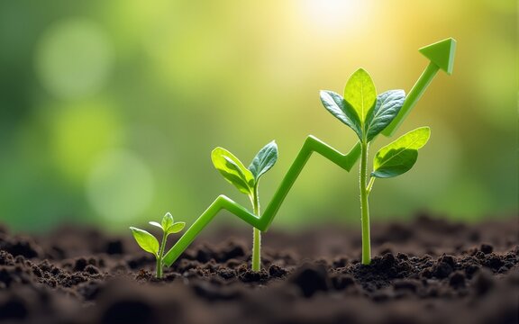 Fototapeta Young plants growing in soil, accompanied by a rising graph line, symbolizing growth and sustainability. Perfect for themes of nature, agriculture, and development. High quality