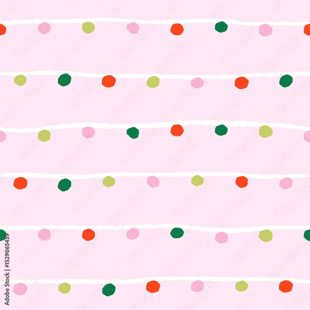Poster Abstract seamless pattern design. Endless background, playful repeating print with doodle line and dots, circles. Creative feminine texture for textile and fabric. Colored flat vector illustration