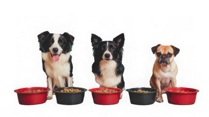 Three dogs sitting with food bowls, happy and expectant expression