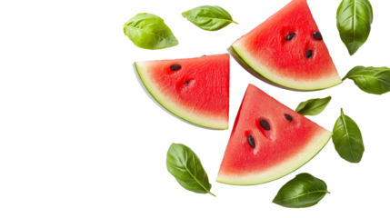 Stack of watermelon slices with fresh basil on white surface, top view, vibrant colors, PNG