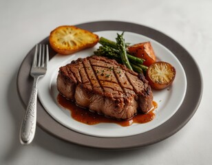 fried steak on a plate with serving on a white background