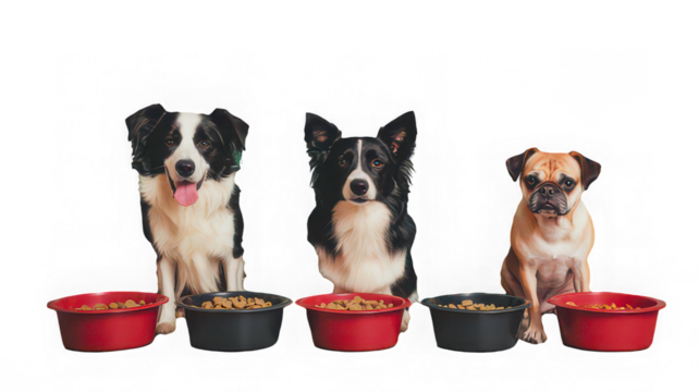 Three dogs sitting with food bowls, happy and expectant expression