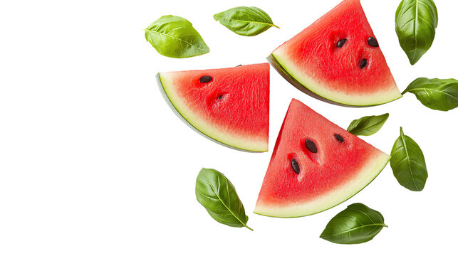 Stack of watermelon slices with fresh basil on white surface, top view, vibrant colors, PNG