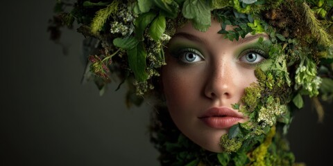Close-up portrait of a woman adorned with lush green foliage, creating a stunning natural beauty image. Ideal for cosmetics, wellness, and environmental campaigns.