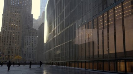 Early morning view of Wall Street with stock market tickers reflected on the glass facade of skyscrapers, subtle fog and sunlight filtering through.