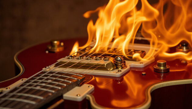 Electric guitar with flames igniting on the body and strings  