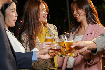 food and drink male friends are happy drinking beer and clinking glasses at a bar or pub.