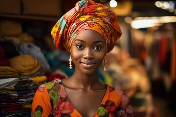 Model wearing traditional cultural attire exploring a vibrant local market. 