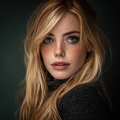 Naklejka premium Stunning portrait of a young freckled blonde woman. Ideal for beauty, fashion, and advertising. Perfect for websites, magazines, and social media. High-quality image.