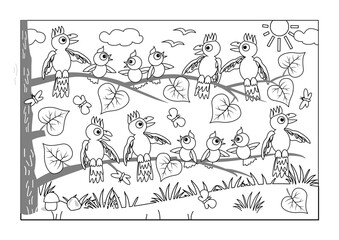 Birds and babies chatting when sitting on tree branches. Coloring page, poster, sign or card. Spring or summertime.
