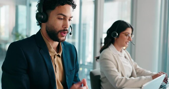 Call center, smile and talking with business man in office for sales consultant, advice and help desk. Feedback, contact us and b2b team with employees in communication agency for customer service - Powered by Adobe