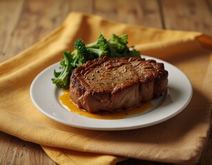 fried steak on plate with serving on yellow cloth background