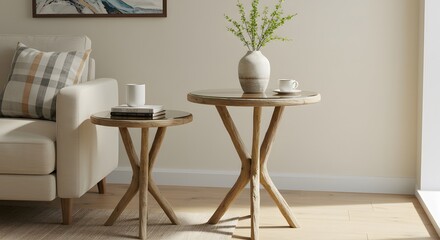 Two wooden side tables in a bright living room setting