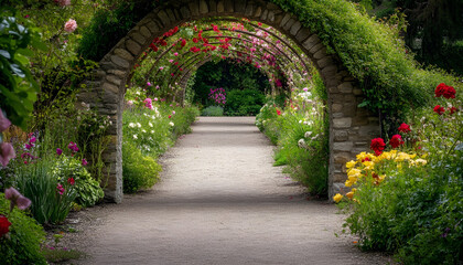 Obraz premium Serene Garden Pathway Through Stone Archway Adorned With Lush Greenery and Vibrant Flowers
