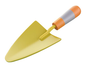 3D yellow garden trowel with an orange and gray handle rests