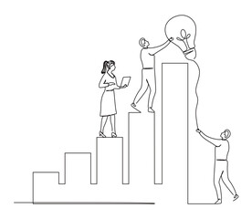 Business Startup Concept. Continuous one line art of a group of diverse people in business suits heading towards the highest graph with a light bulb as a symbol of a brilliant idea.