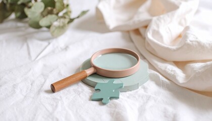 Pastel Magnifying Glass and Puzzle Piece on Soft Fabric.