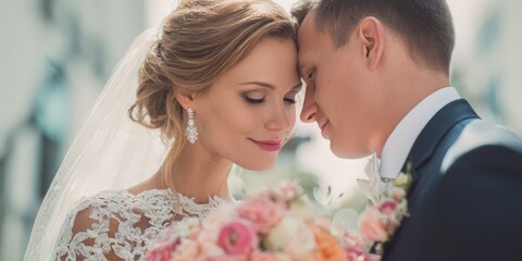 Romantic wedding portrait of a bride and groom sharing a tender moment. Perfect for wedding invitations, websites, and more. Ideal for romantic themes.