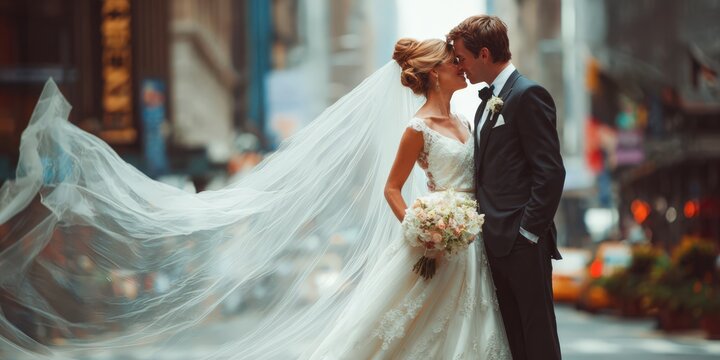 Romantic wedding couple kissing in the city.  Elegant bride in a flowing veil and groom in a suit. Perfect for wedding announcements, romantic projects, and advertising.