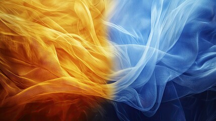 Fototapeta premium An ethereal depiction of two energies in a graceful, synchronized dance--one vibrant blue, the other shimmering gold. The blue energy flows smoothly, 