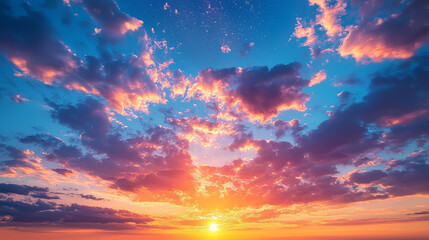 Vibrant Sunset with Golden Clouds and Starry Sky Serene and Dreamy Atmosphere with Warm Colors Blending Beautifully, Evoking Sense of Peace and Wonder Across Dramatic Sky and Cloudscape.
