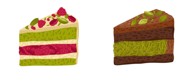 White and dark chocolate layered cake slices with green pistachio flavor and raspberry. Two cheesecakes vector dessert illustration for food packaging, menus, posters, blogs, recipe books