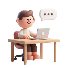 3D cartoon man working on laptop at desk with chat bubble above, digital communication concept, isolated on white background