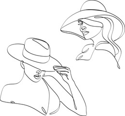 Set of linear abstract images of beautiful women in hat