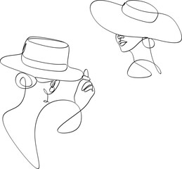 Set of linear abstract images of beautiful women in hat