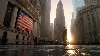 Early morning view of Wall Street with stock market tickers reflected on the glass facade of skyscrapers, subtle fog and sunlight filtering through.