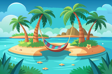 Obraz premium Tropical island paradise with palm trees, sandy beach, and clear blue sea