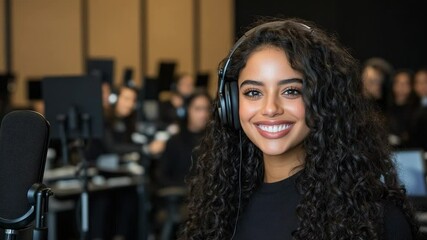 Smiling Woman in Recording Studio - Powered by Adobe