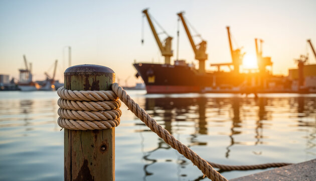 Dock post with rope against harbor with cranes and sunset