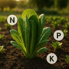 Green Lettuce Plant Growing in Soil with NPK Fertilizer Labels
