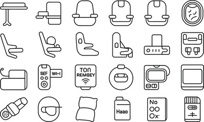 Airplane interior elements in outline style passenger comfort amenities icons