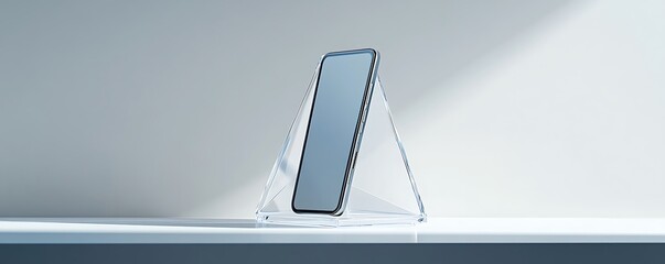 Clear glass polygon stand with neutral background highlighting tech device