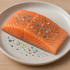 Raw Salmon Fillet with Microplastics on a Plate