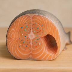 Salmon Fillet with Microplastics Closeup Showing Environmental Contamination