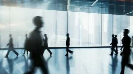 Silhouettes of diverse business people walking in a modern office building. Large windows allow natural light to fill the space, creating a dynamic atmosphere. - Powered by Adobe