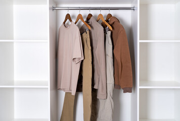 Neutral-toned clothes on wooden hangers neatly arranged in a white wardrobe, featuring shirts, pants, fleece and hoodie. © dvulikaia